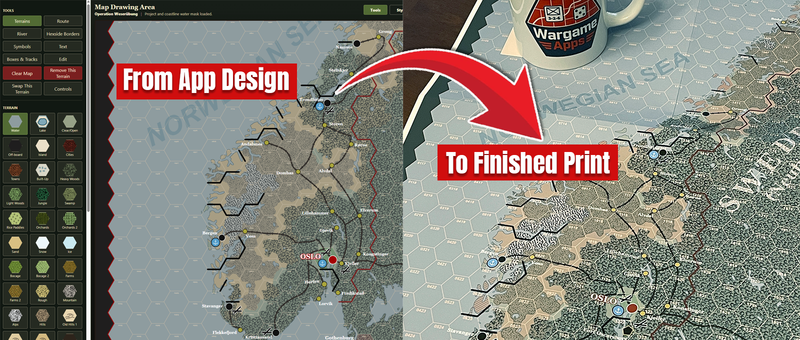 Advanced Map Designer map shown in the app and as a printed tabletop map